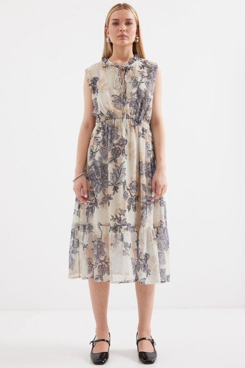 Merterium 2503 Desenli Sıfır Kol Şifon Elbise - Antrasit