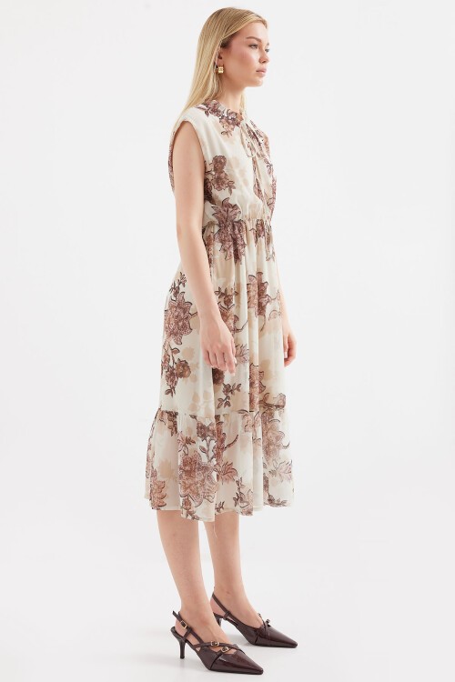 Merterium 2503 Desenli Sıfır Kol Şifon Elbise - Kahverengi