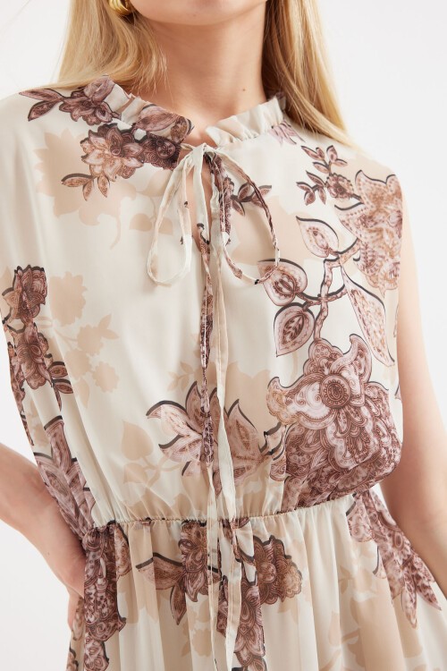 Merterium 2503 Desenli Sıfır Kol Şifon Elbise - Kahverengi