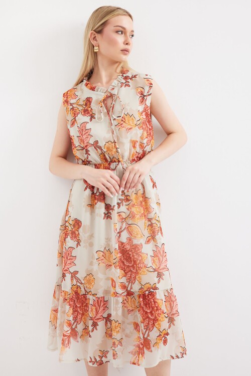 Merterium 2503 Desenli Sıfır Kol Şifon Elbise - Kiremit