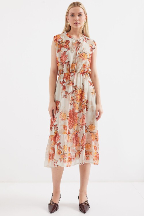 Merterium 2503 Desenli Sıfır Kol Şifon Elbise - Kiremit