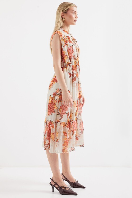 Merterium 2503 Desenli Sıfır Kol Şifon Elbise - Kiremit