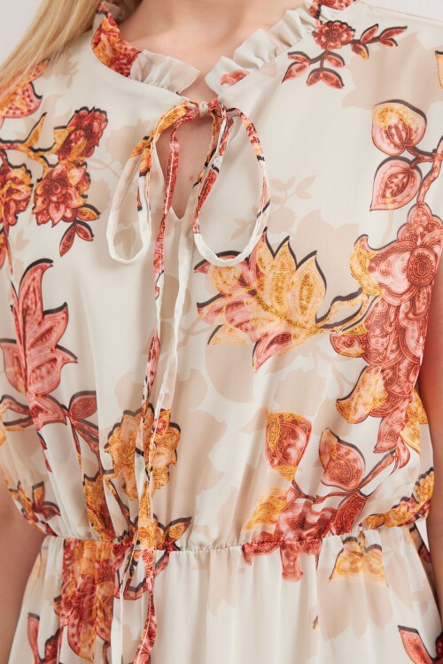 Merterium 2503 Desenli Sıfır Kol Şifon Elbise - Kiremit