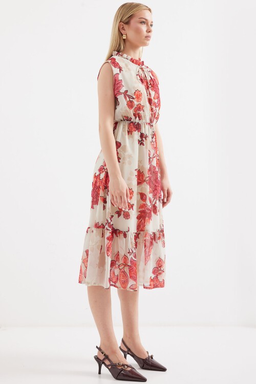 Merterium 2503 Desenli Sıfır Kol Şifon Elbise - Nar