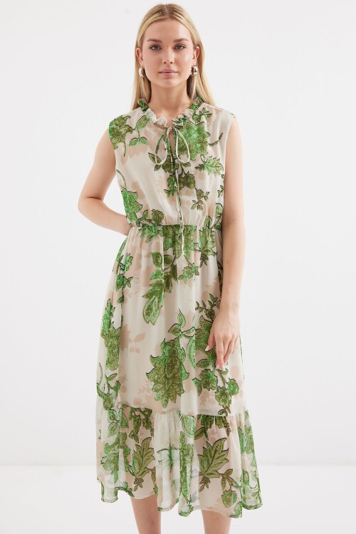 Merterium 2503 Desenli Sıfır Kol Şifon Elbise - Yeşil