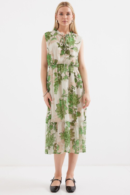 Merterium 2503 Desenli Sıfır Kol Şifon Elbise - Yeşil