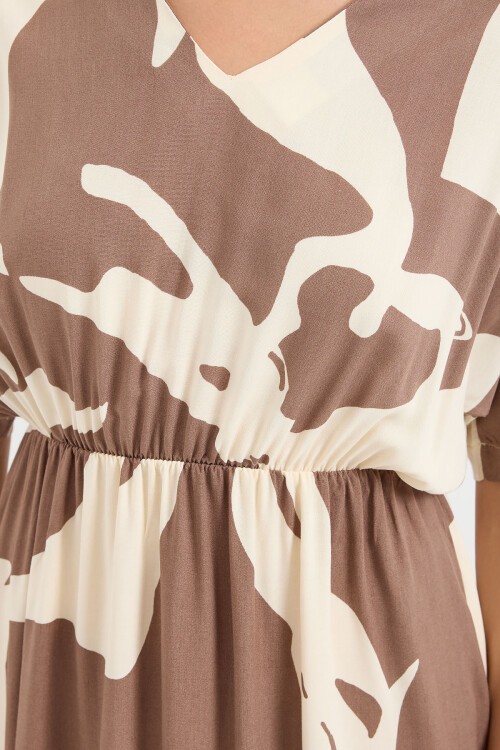 Merterium 2511 Beli Lastikli Desenli Elbise - Kahverengi