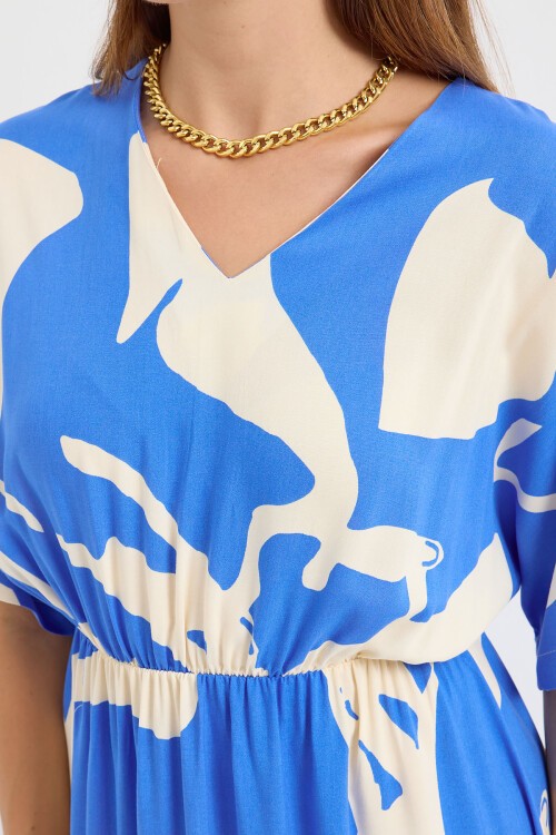 Merterium 2511 Beli Lastikli Desenli Elbise - Mavi