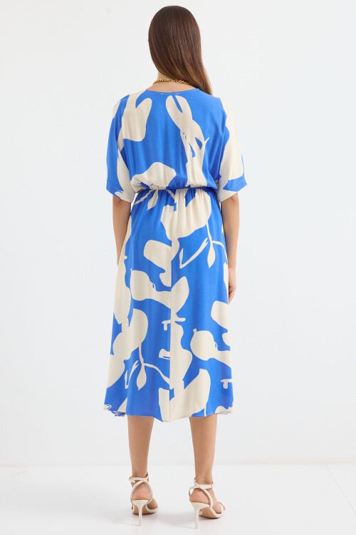 Merterium 2511 Beli Lastikli Desenli Elbise - Mavi