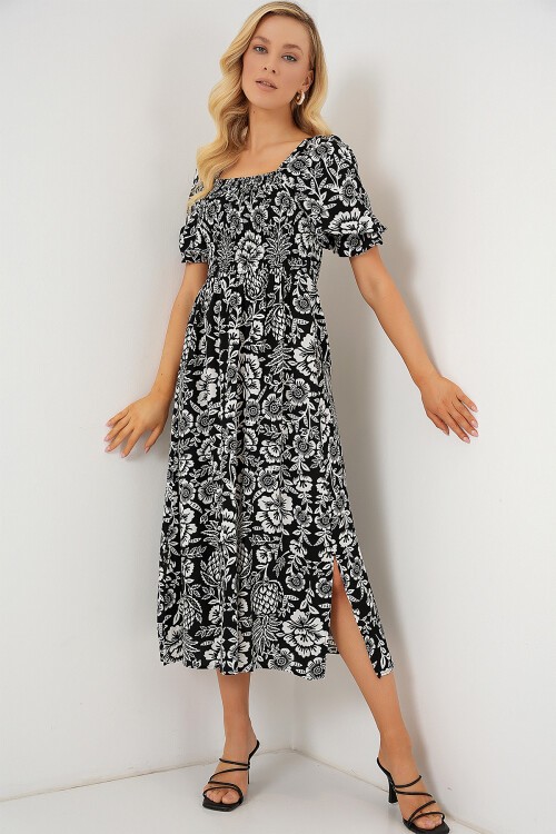 Merterium 2512 Desenli Yırtmaçlı Elbise - D. Siyah