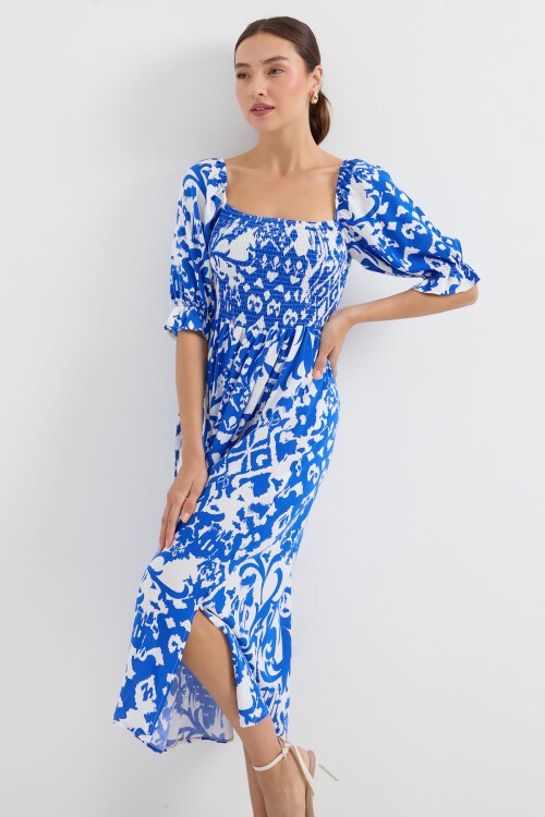 Merterium 2512 Desenli Yırtmaçlı Elbise - Saks