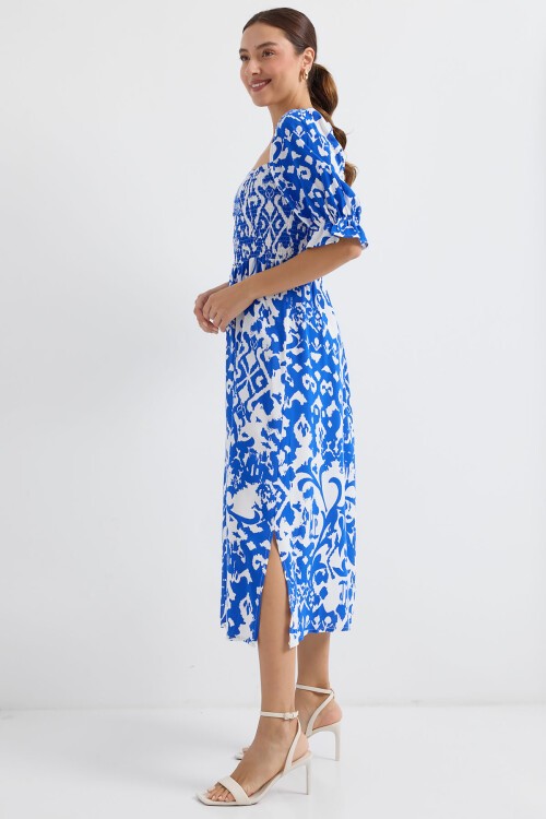 Merterium 2512 Desenli Yırtmaçlı Elbise - Saks