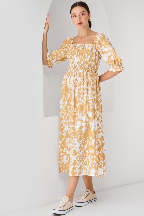 Merterium 2512 Desenli Yırtmaçlı Elbise - Sarı