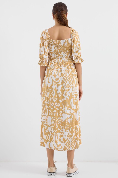 Merterium 2512 Desenli Yırtmaçlı Elbise - Sarı