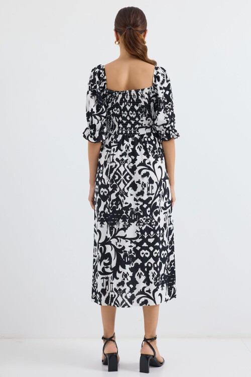 Merterium 2512 Desenli Yırtmaçlı Elbise - Siyah