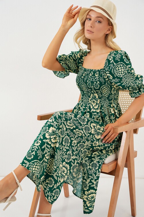 Merterium 2512 Desenli Yırtmaçlı Elbise - Zümrüt Yeşili