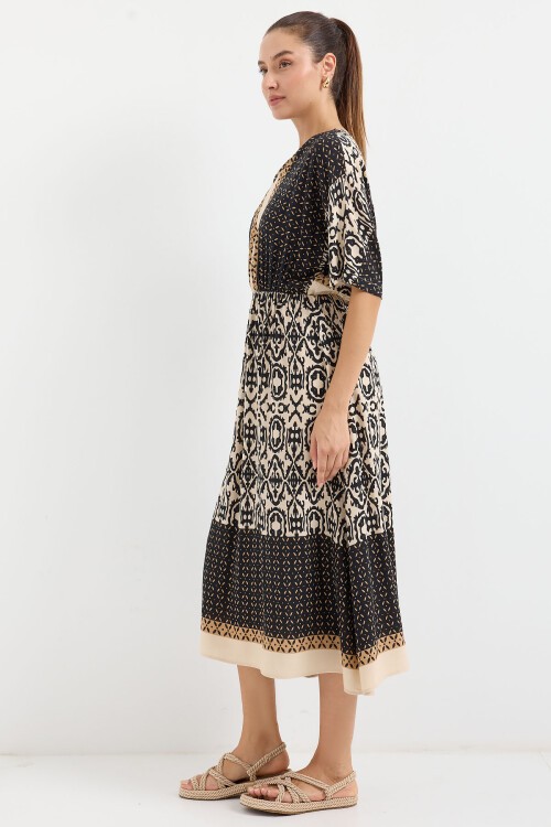 Merterium 2517 Desenli Kısa Kol Viskon Elbise - Siyah
