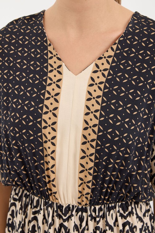 Merterium 2517 Desenli Kısa Kol Viskon Elbise - Siyah