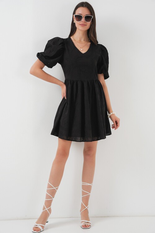 Merterium 2529 Fistolu Kısa Elbise - Siyah