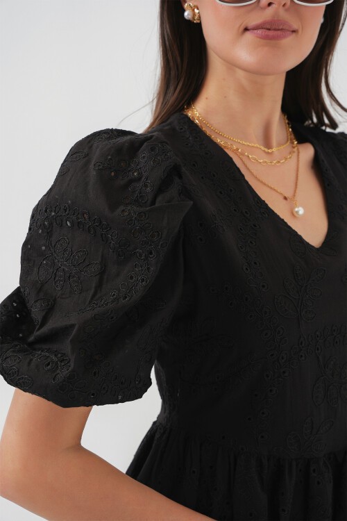 Merterium 2529 Fistolu Kısa Elbise - Siyah