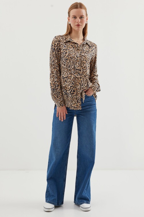 Merterium 3721 Grafik Desenli Gömlek - C. Bej