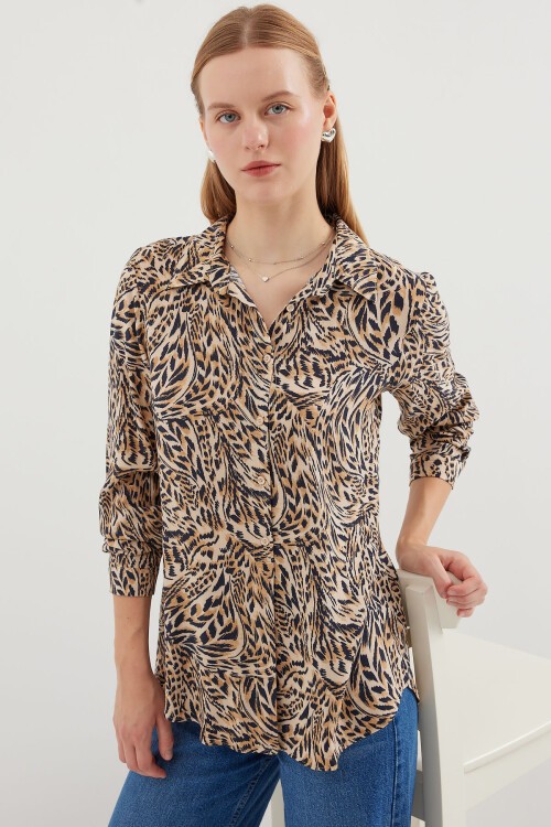 Merterium 3721 Grafik Desenli Gömlek - C. Bej