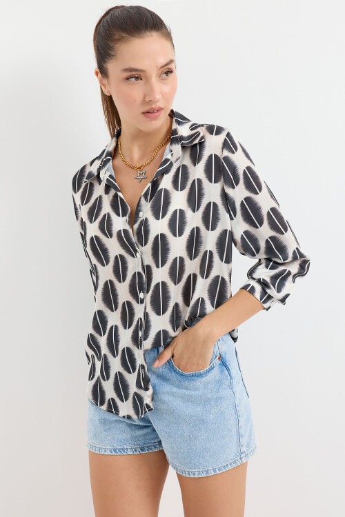 Merterium 3964 Hafif Dökümlü Saten Gömlek - B. Siyah