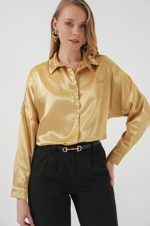 Merterium 3985 Oversize Saten Gömlek - Altın Sarısı