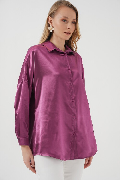 Merterium 3985 Oversize Saten Gömlek - Koyu Lila