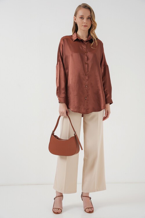 Merterium 3985 Oversize Saten Gömlek - Taba