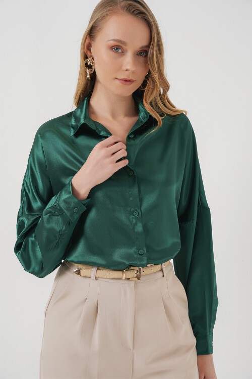 Merterium 3985 Oversize Saten Gömlek - Zümrüt Yeşili