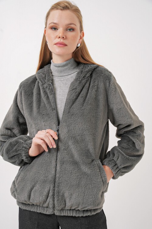 Merterium 5091 Kapşonlu Kürklü İçi Astarlı Mont - Antrasit