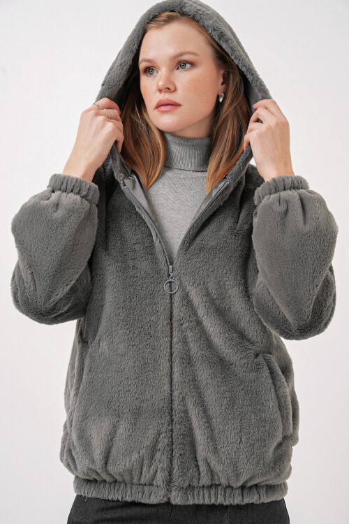 Merterium 5091 Kapşonlu Kürklü İçi Astarlı Mont - Antrasit