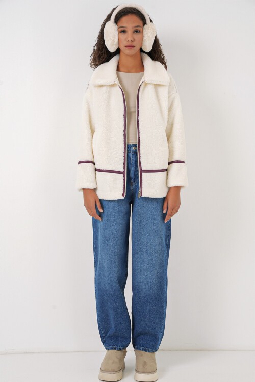 Merterium 5173 Astarlı Peluş Ceket - Mürdüm