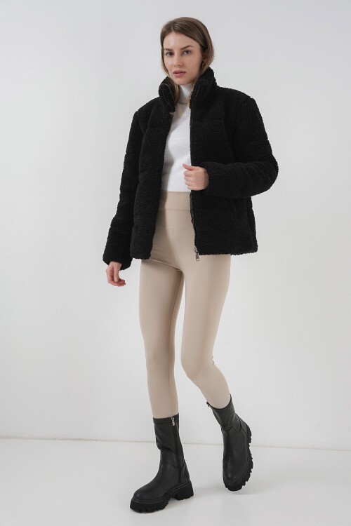 Merterium 5178 Astarlı Peluş Mont - Siyah