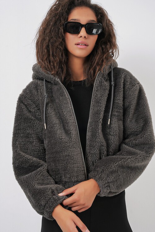 Merterium 5193 Kapüşonlu Peluş Crop Ceket - Antrasit