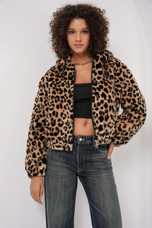 Merterium 5193 Kapüşonlu Peluş Crop Ceket - C. Kahverengi