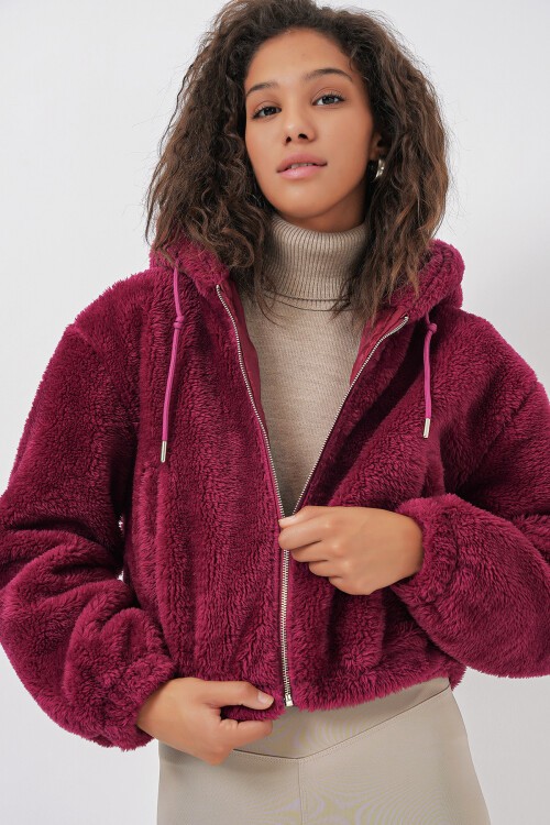 Merterium 5193 Kapüşonlu Peluş Crop Ceket - Mürdüm