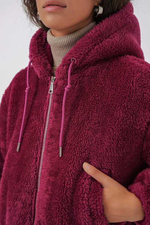 Merterium 5193 Kapüşonlu Peluş Crop Ceket - Mürdüm