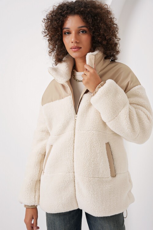 Merterium 5196 Şişme Peluş Mont - Ekru