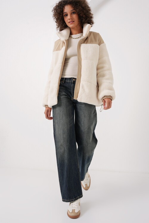 Merterium 5196 Şişme Peluş Mont - Ekru