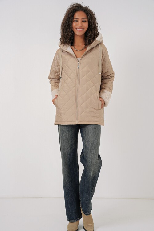 Merterium 5197 Kapüşonlu Kapitone Mont - Bej