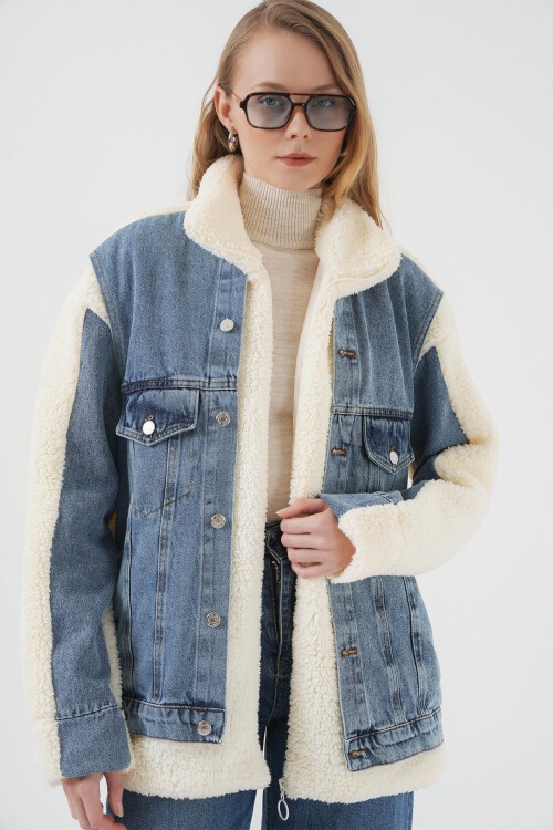 Merterium 5198 Uzun Peluş Kot Mont - Lacivert