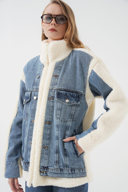 Merterium 5198 Uzun Peluş Kot Mont - Lacivert