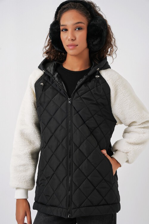 Merterium 5201 Kolları Peluş Kapitone Mont - Siyah