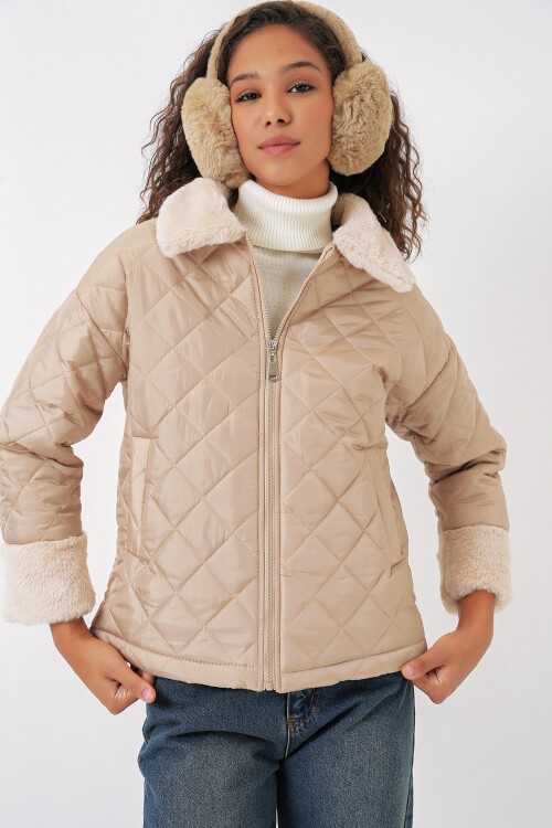 Merterium 5202 Peluş Detaylı Kapitone Mont - Bej