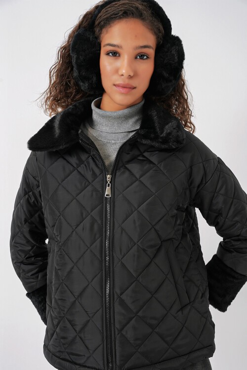 Merterium 5202 Peluş Detaylı Kapitone Mont - Siyah