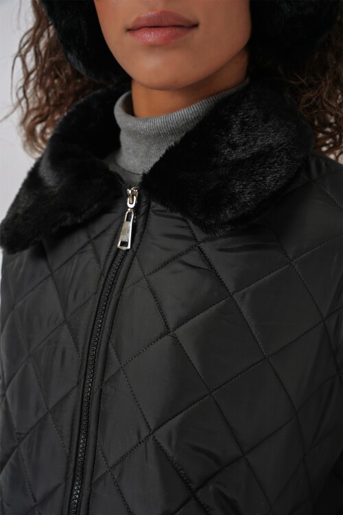 Merterium 5202 Peluş Detaylı Kapitone Mont - Siyah