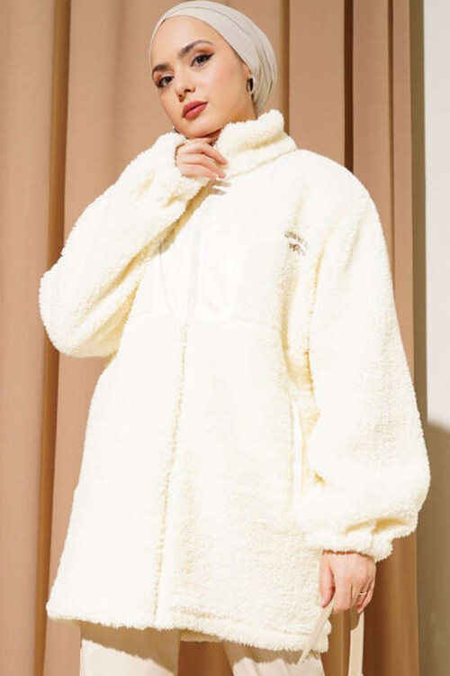 Merterium 5208 Tesettür Peluş Mont - Ekru