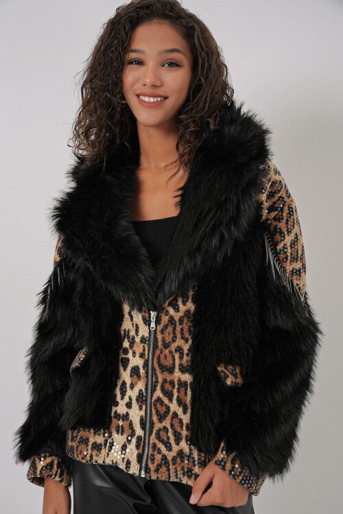 Merterium 5209 Peluş Kürk Mont - Siyah